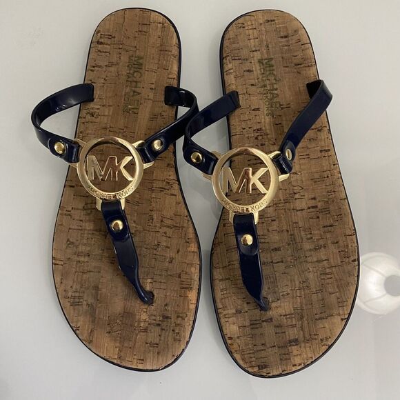 Michael Kors Women's Gold Logo Flip Flops Navy Cork Bottom Size 8 - Picture 3 of 7